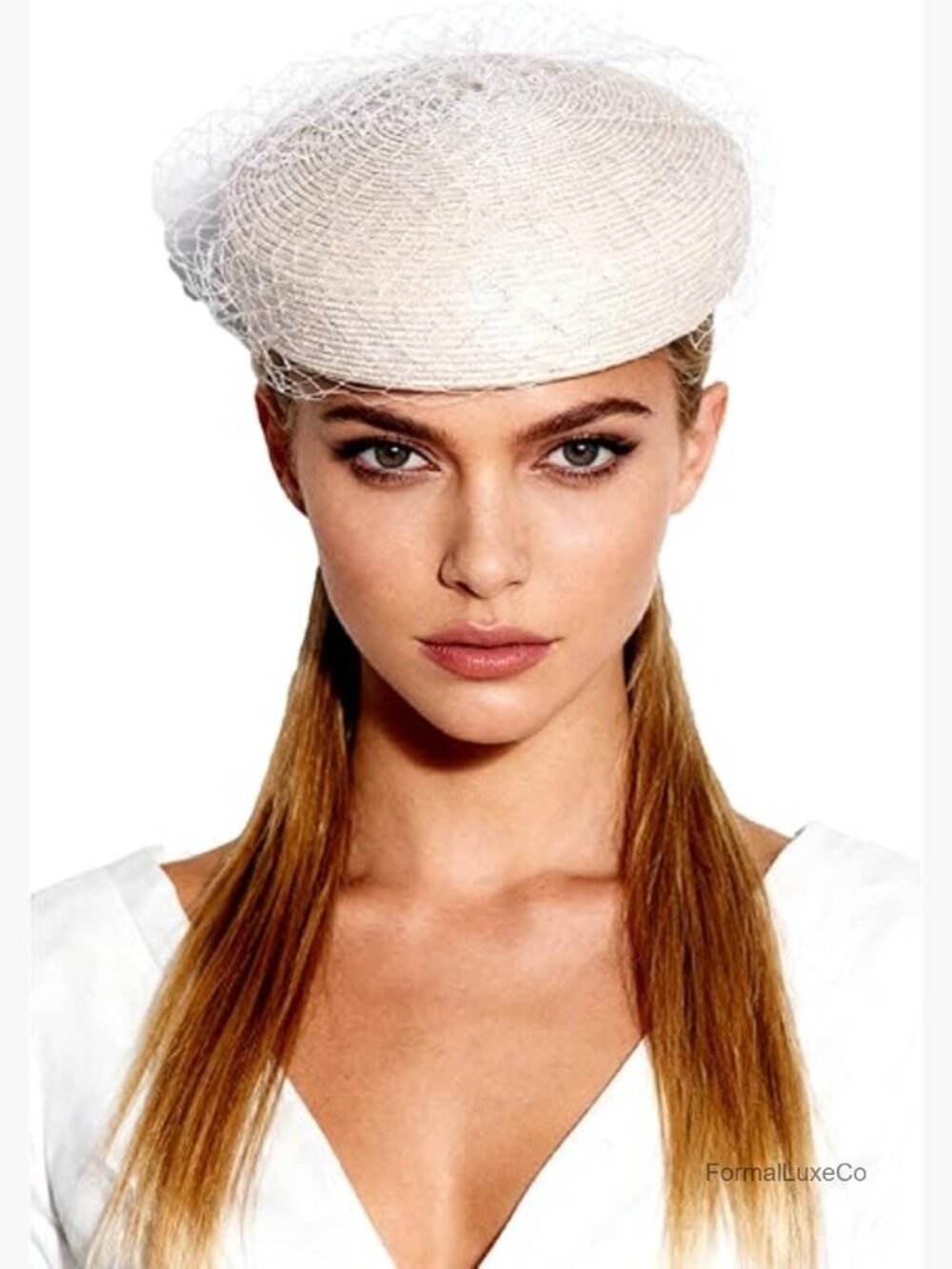 Elegant Bridal Straw Fascinator Hat with Veil Church Tea Party Headpiece